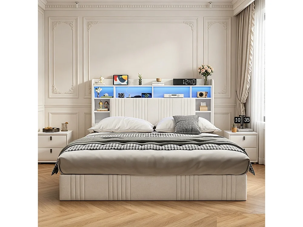 Lit de stockage hydraulique - 140 x 200 cm - Charge USB et éclairage LED - avec compartiment pour tête - Linge - beige