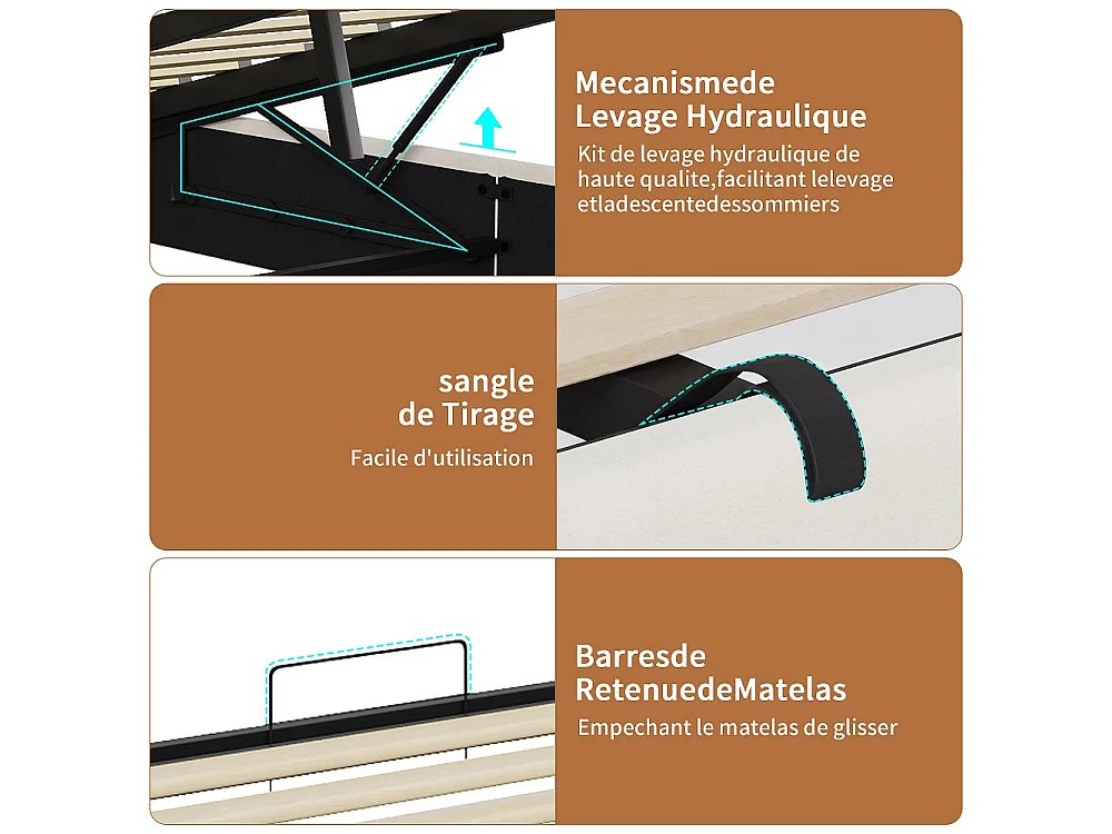 Lit de stockage hydraulique - 140 x 200 cm - Charge USB et éclairage LED - avec compartiment pour tête - Linge - beige
