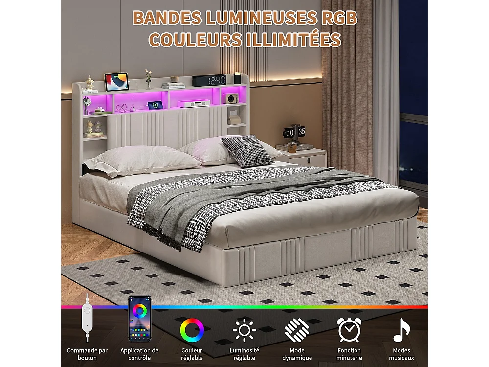 Lit de stockage hydraulique - 140 x 200 cm - Charge USB et éclairage LED - avec compartiment pour tête - Linge - beige