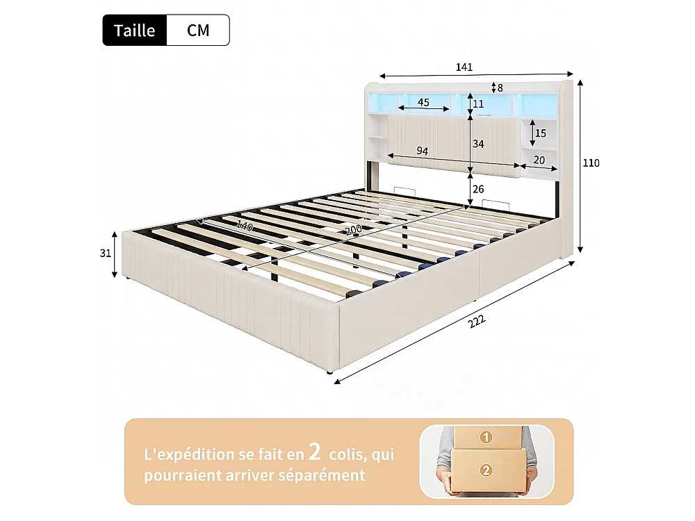 Lit de stockage hydraulique - 140 x 200 cm - Charge USB et éclairage LED - avec compartiment pour tête - Linge - beige