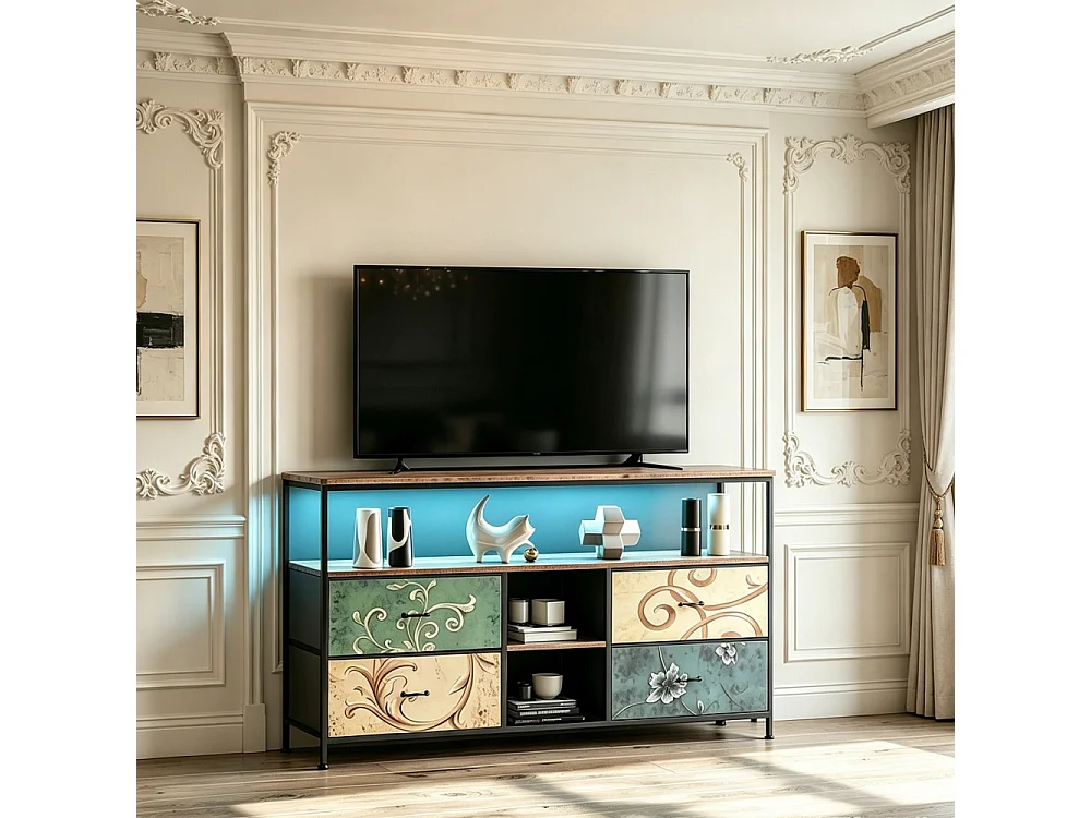 Supports TV - 108 x 30 x 77 cm - Avec éclairage LED - 4 tiroirs et compartiments ouverts & haut en bois & cadre métallique - coloré