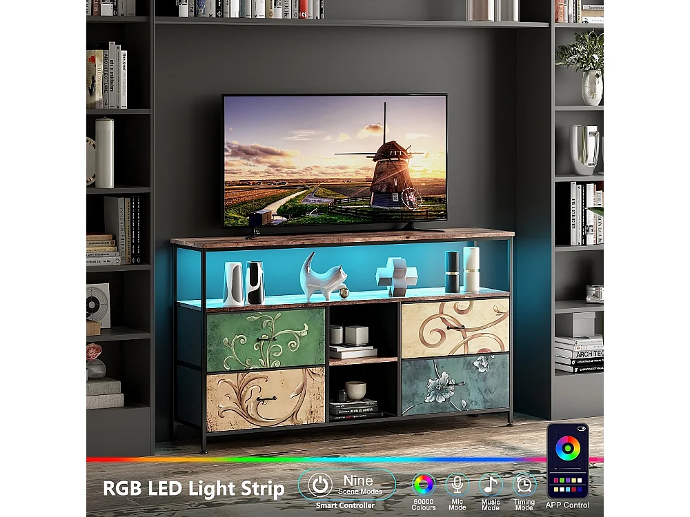Supports TV - 108 x 30 x 77 cm - Avec éclairage LED - 4 tiroirs et compartiments ouverts & haut en bois & cadre métallique - coloré