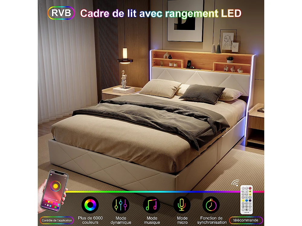 Lit hydraulique - 140 x 200 cm - Cabinet LED avec espace de stockage - avec station de charge USB - PU - blanc