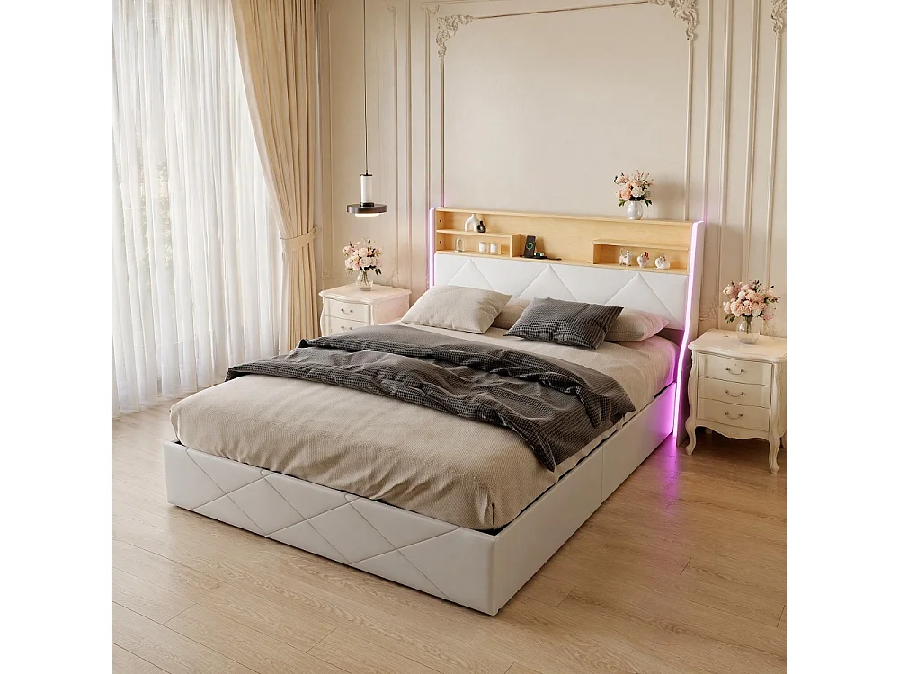Lit hydraulique - 140 x 200 cm - Cabinet LED avec espace de stockage - avec station de charge USB - PU - blanc