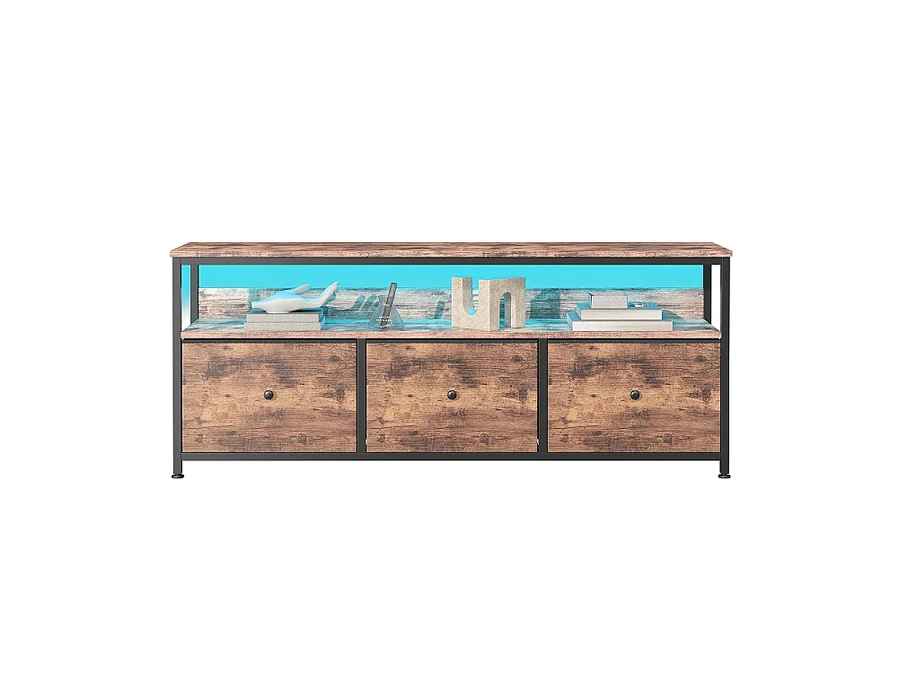 Supports TV - 137 x 30 x 57cm - Avec éclairage LED - 3 tiroirs en tissu & haut en bois & cadre métallique - marron