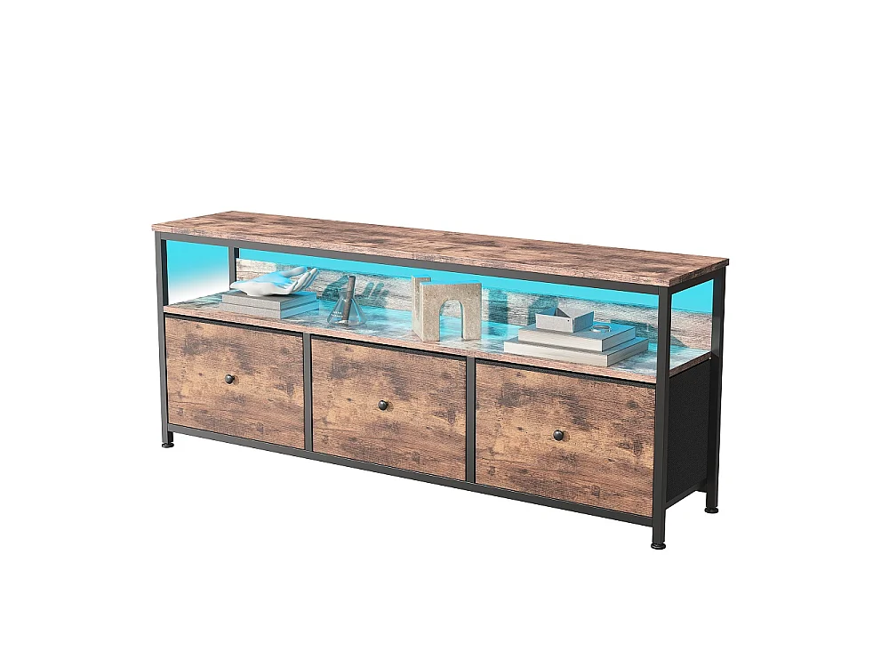 Supports TV - 137 x 30 x 57cm - Avec éclairage LED - 3 tiroirs en tissu & haut en bois & cadre métallique - marron