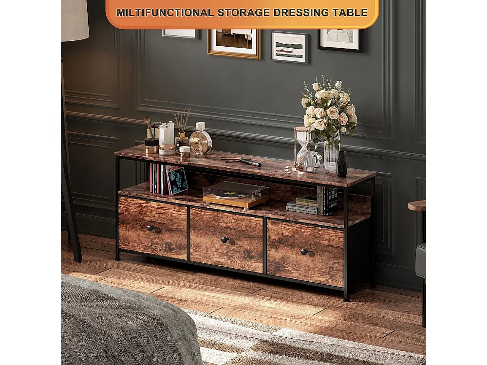 Supports TV - 137 x 30 x 57cm - Avec éclairage LED - 3 tiroirs en tissu & haut en bois & cadre métallique - marron