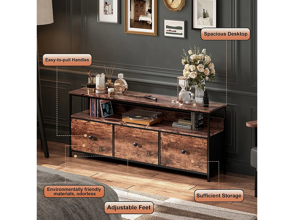 Supports TV - 137 x 30 x 57cm - Avec éclairage LED - 3 tiroirs en tissu & haut en bois & cadre métallique - marron