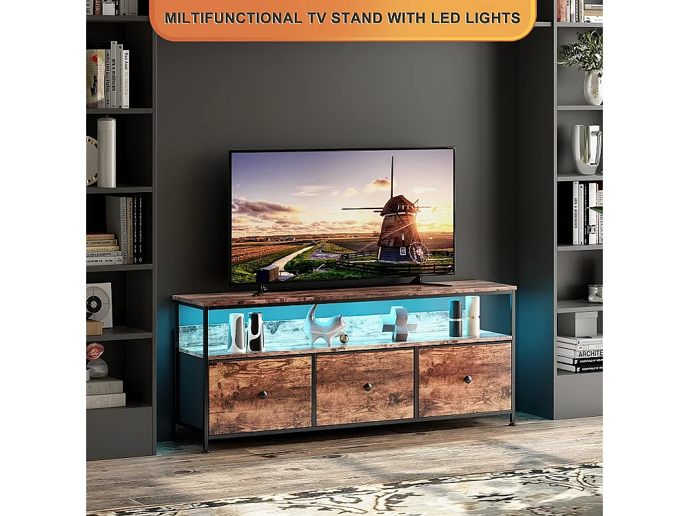 Supports TV - 137 x 30 x 57cm - Avec éclairage LED - 3 tiroirs en tissu & haut en bois & cadre métallique - marron