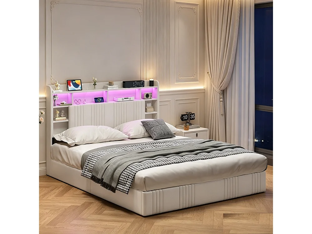 Lit de stockage hydraulique - 160 x 200 cm - Charge USB et éclairage LED - avec compartiment pour tête - Linge - beige