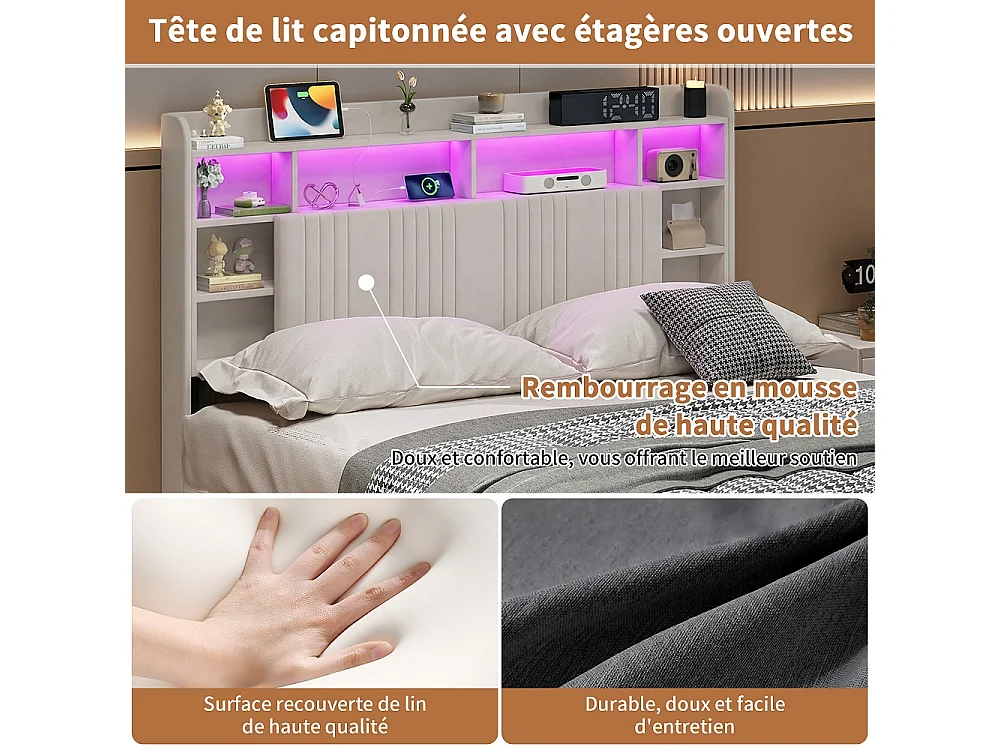 Lit de stockage hydraulique - 160 x 200 cm - Charge USB et éclairage LED - avec compartiment pour tête - Linge - beige