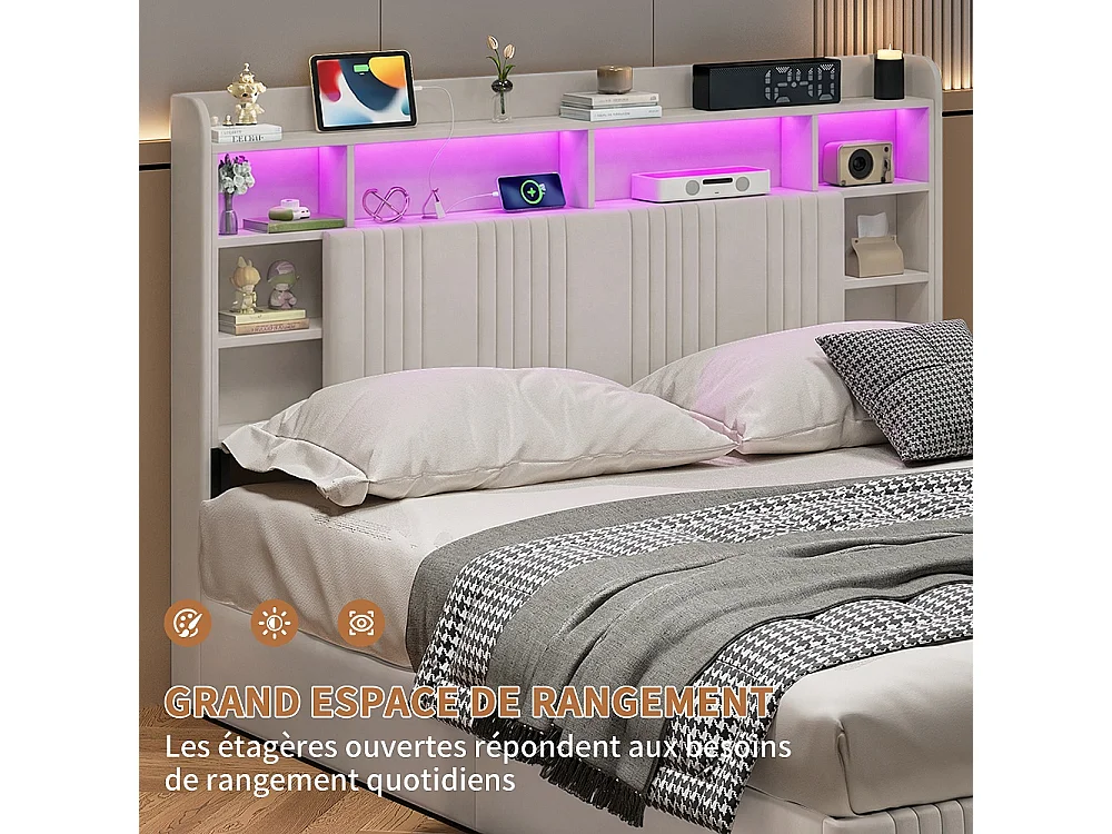 Lit de stockage hydraulique - 160 x 200 cm - Charge USB et éclairage LED - avec compartiment pour tête - Linge - beige