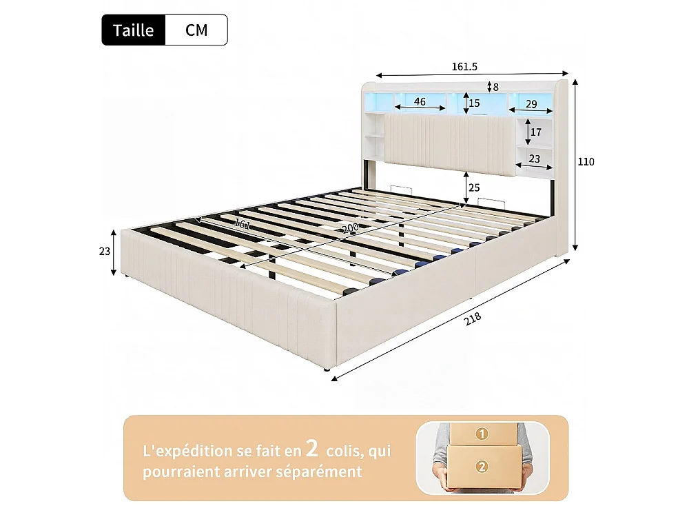 Lit de stockage hydraulique - 160 x 200 cm - Charge USB et éclairage LED - avec compartiment pour tête - Linge - beige