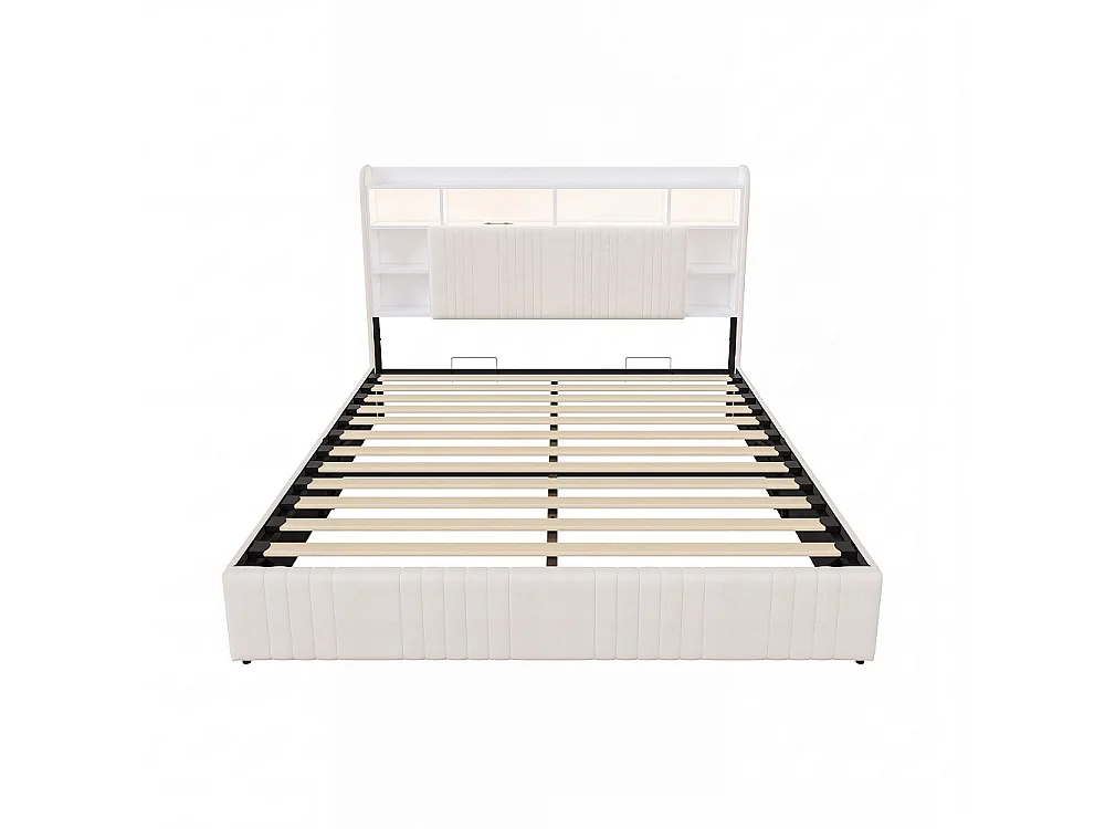 Lit de stockage hydraulique - 160 x 200 cm - Charge USB et éclairage LED - avec compartiment pour tête - Linge - beige