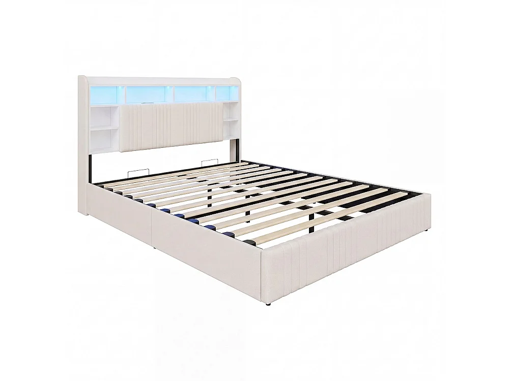 Lit de stockage hydraulique - 160 x 200 cm - Charge USB et éclairage LED - avec compartiment pour tête - Linge - beige