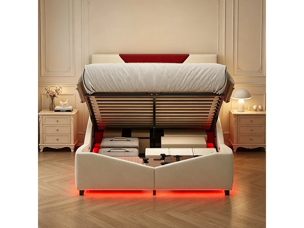 Lit de stockage hydraulique - 160 x 200 cm - Tête triangulaire bicolore - avec bande LED RVB - Velvet - beige