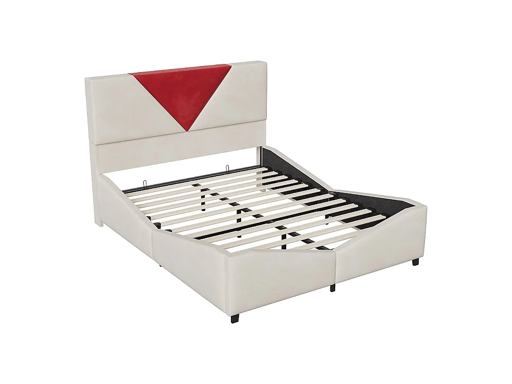 Lit de stockage hydraulique - 160 x 200 cm - Tête triangulaire bicolore - avec bande LED RVB - Velvet - beige
