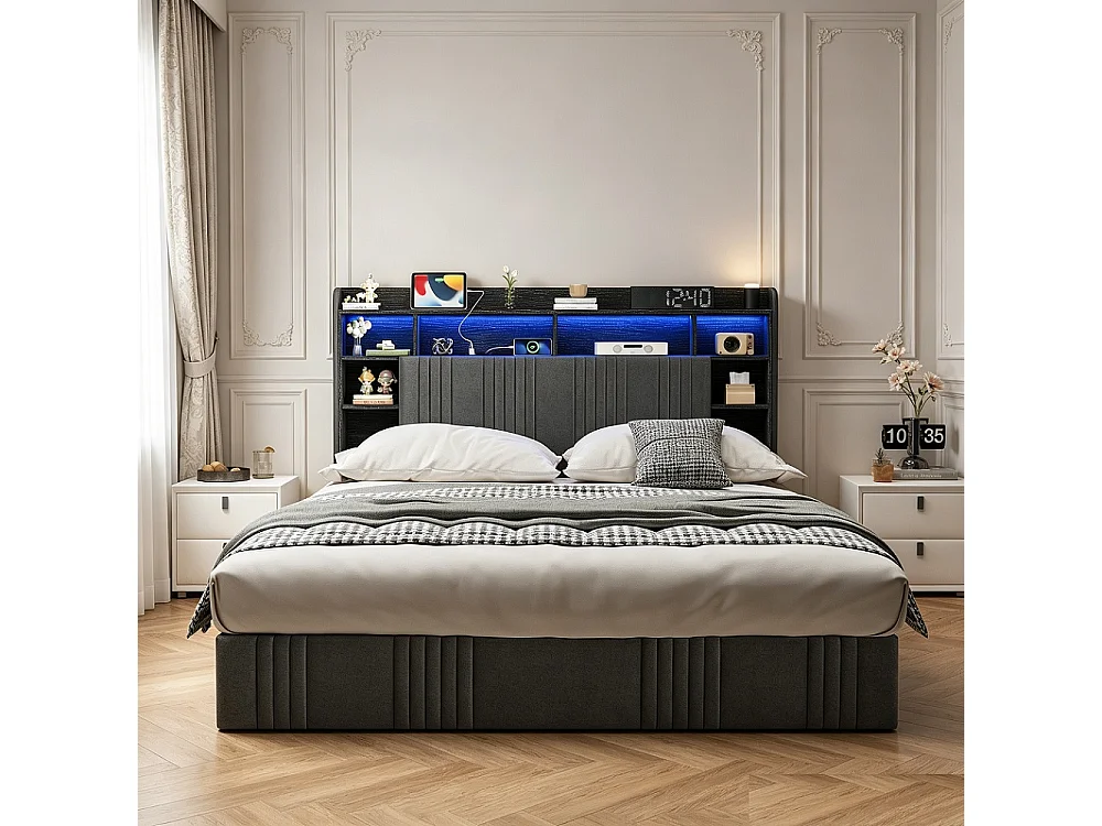 Lit de stockage hydraulique - 140 x 200 cm - Charge USB et éclairage LED - avec compartiment pour tête - Linge - gris