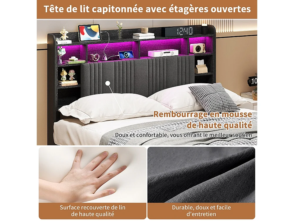 Lit de stockage hydraulique - 140 x 200 cm - Charge USB et éclairage LED - avec compartiment pour tête - Linge - gris