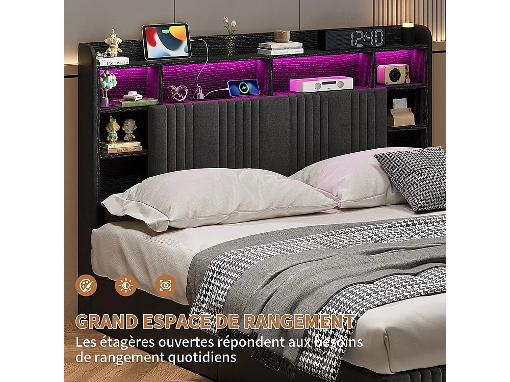 Lit de stockage hydraulique - 140 x 200 cm - Charge USB et éclairage LED - avec compartiment pour tête - Linge - gris
