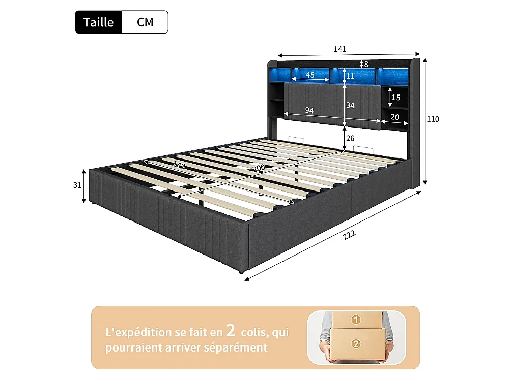 Lit de stockage hydraulique - 140 x 200 cm - Charge USB et éclairage LED - avec compartiment pour tête - Linge - gris