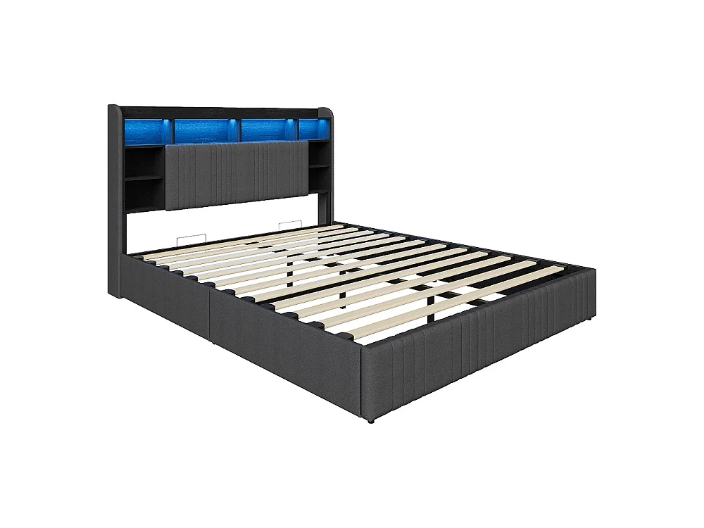 Lit de stockage hydraulique - 140 x 200 cm - Charge USB et éclairage LED - avec compartiment pour tête - Linge - gris
