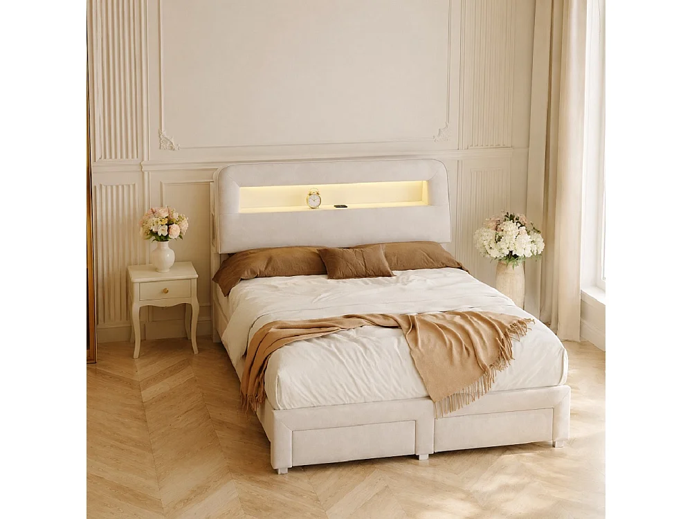 Lit de rangement - 160 x 200 cm - avec 2 tiroirs - Cabinet avec éclairage LED et station de charge - Tissu velours - beige