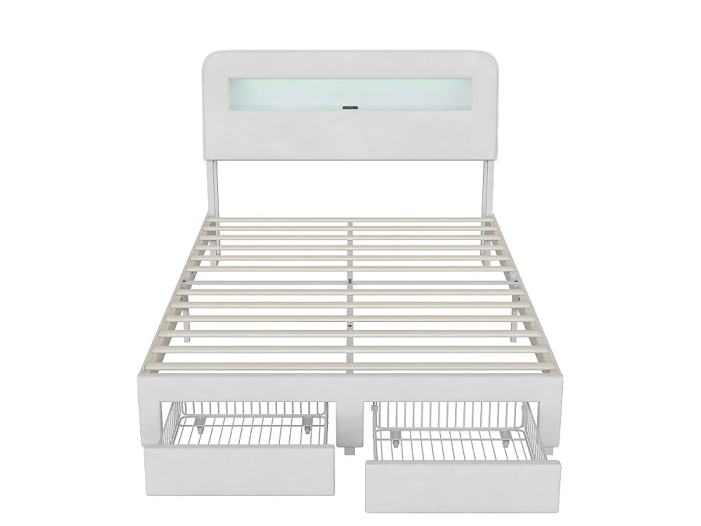 Lit de rangement - 160 x 200 cm - avec 2 tiroirs - Cabinet avec éclairage LED et station de charge - Tissu velours - beige