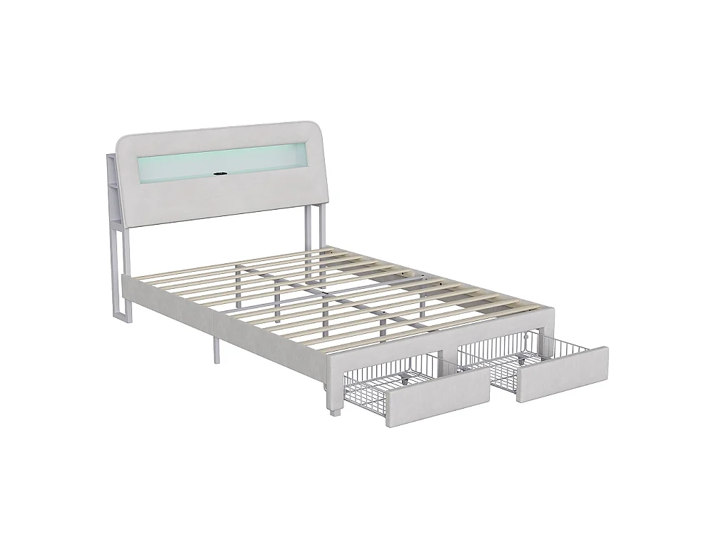Lit de rangement - 160 x 200 cm - avec 2 tiroirs - Cabinet avec éclairage LED et station de charge - Tissu velours - beige