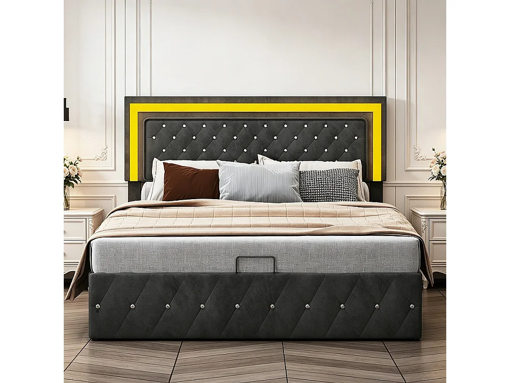 Lit de stockage hydraulique - 160 x 200 cm - avec cadre à lames et tête à LED - Velvet - Noir