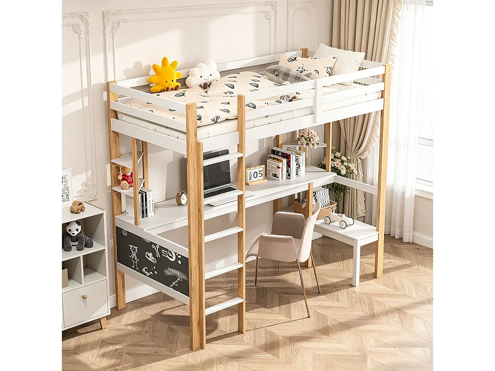 Lit en loft pour enfants - 90 x 200 cm - avec bureau d'étude, tableau noir et étagère - multifonctionnel pour jouer, dormir et apprendre - blanc