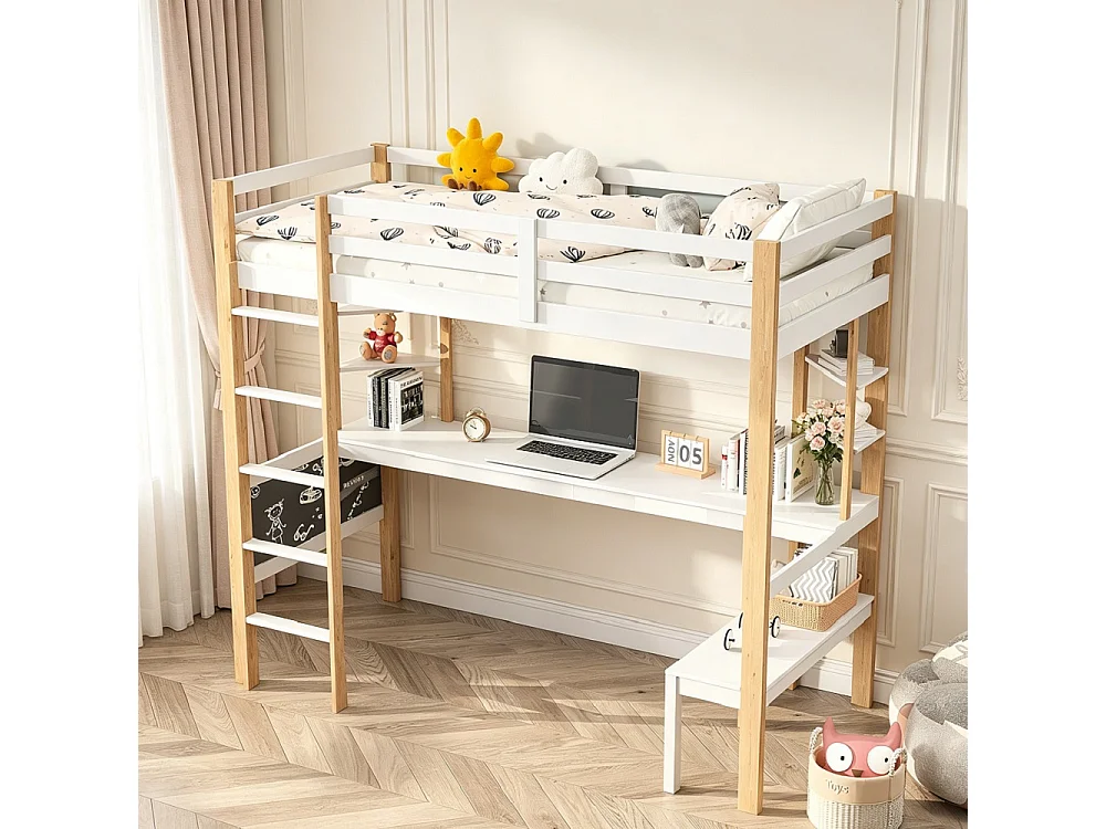 Lit en loft pour enfants - 90 x 200 cm - avec bureau d'étude, tableau noir et étagère - multifonctionnel pour jouer, dormir et apprendre - blanc