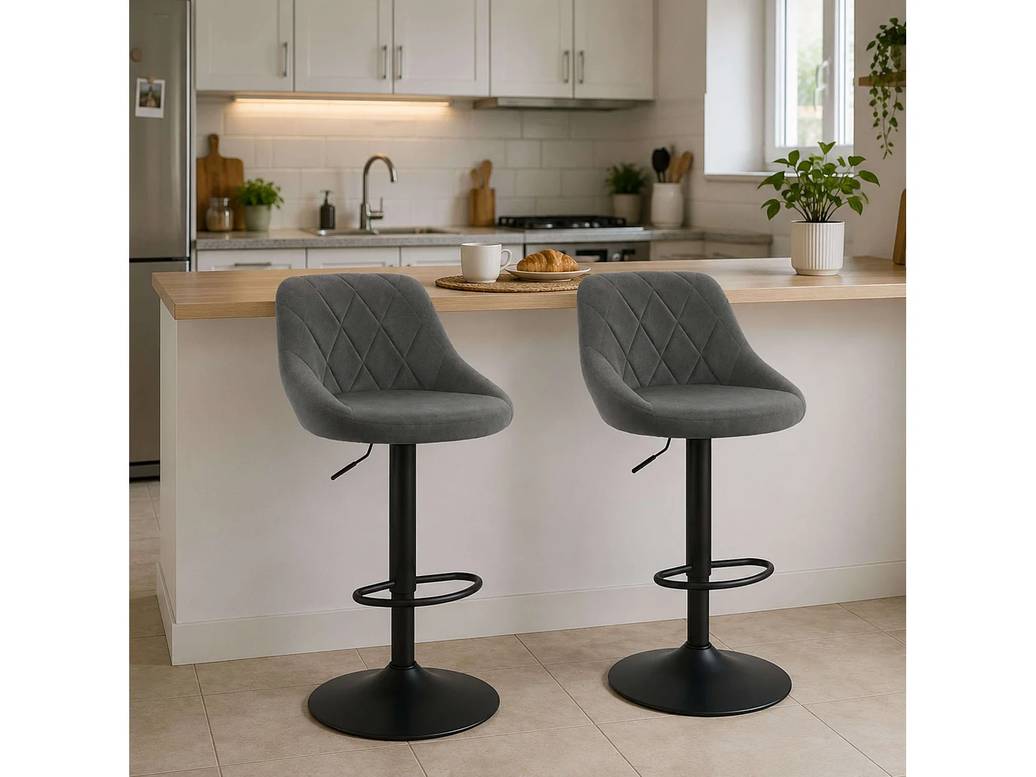 Pack 4 Taburetes Cocina Terciopelo Regulable Diamant Gris