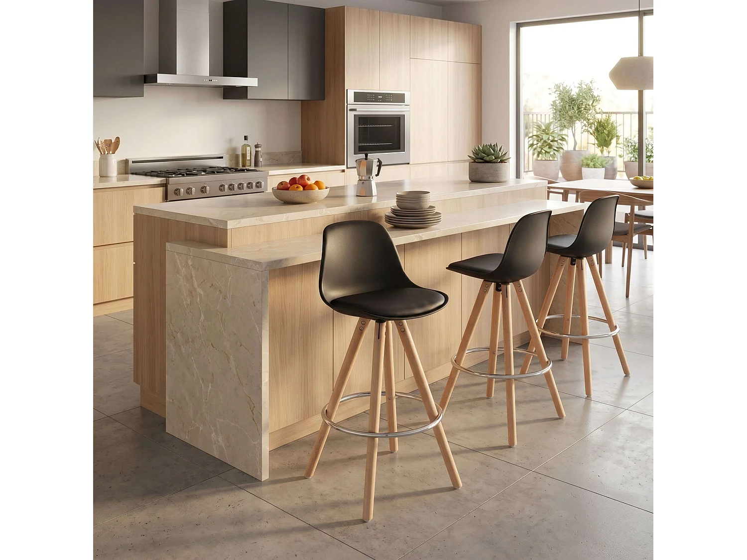 Pack 2 Taburetes Cocina, Respaldo, Silla Alta Acolchada Bistro Negro y Roble