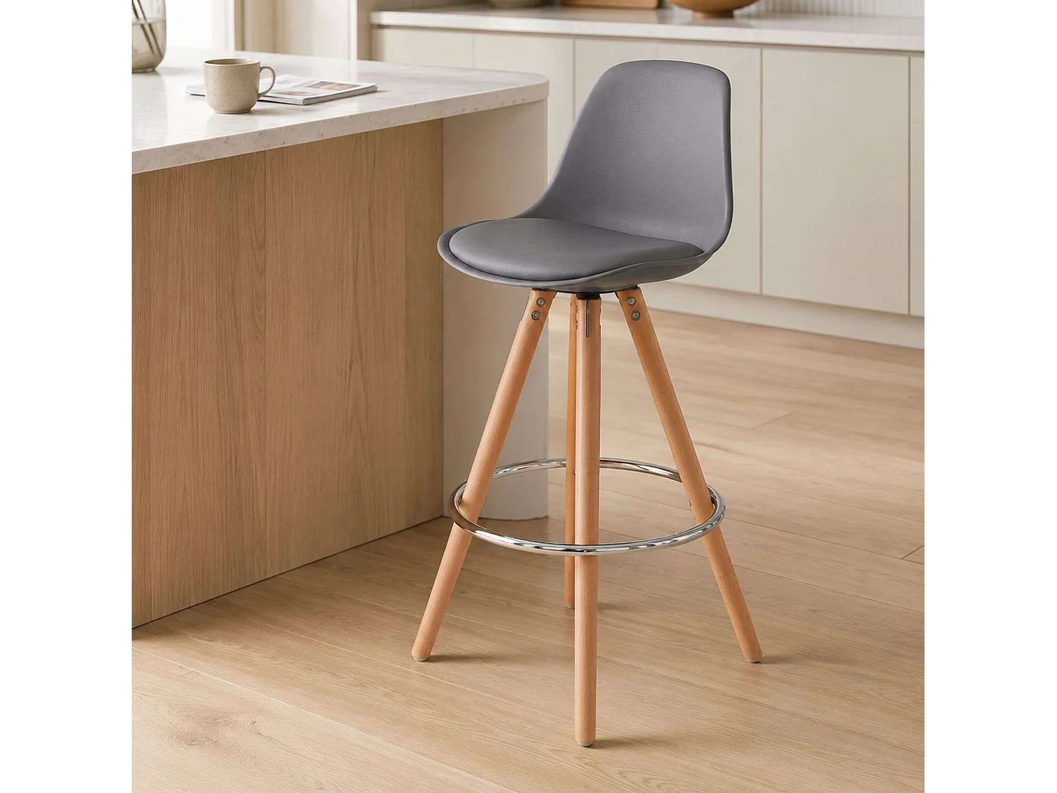 Pack 2 Taburetes Cocina, Respaldo, Silla Alta Acolchada Bistro Gris y Roble