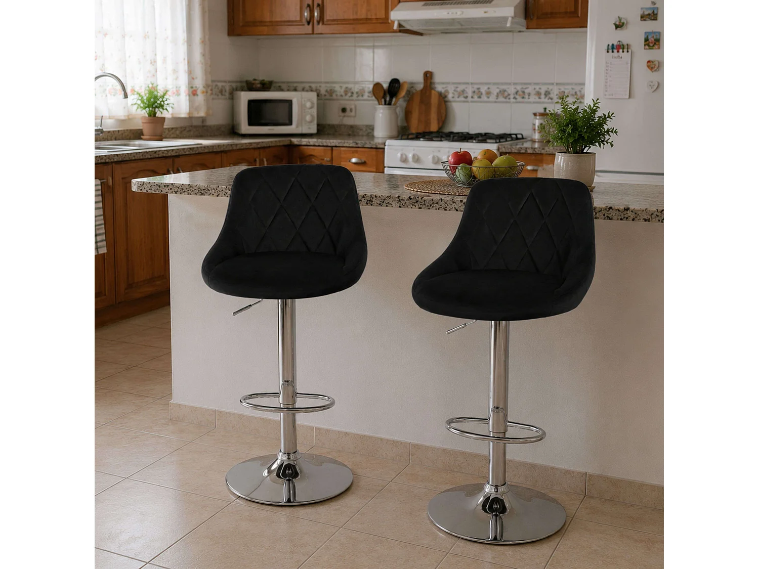 Pack 2 Taburetes Cocina Terciopelo Regulable Diamant Negro