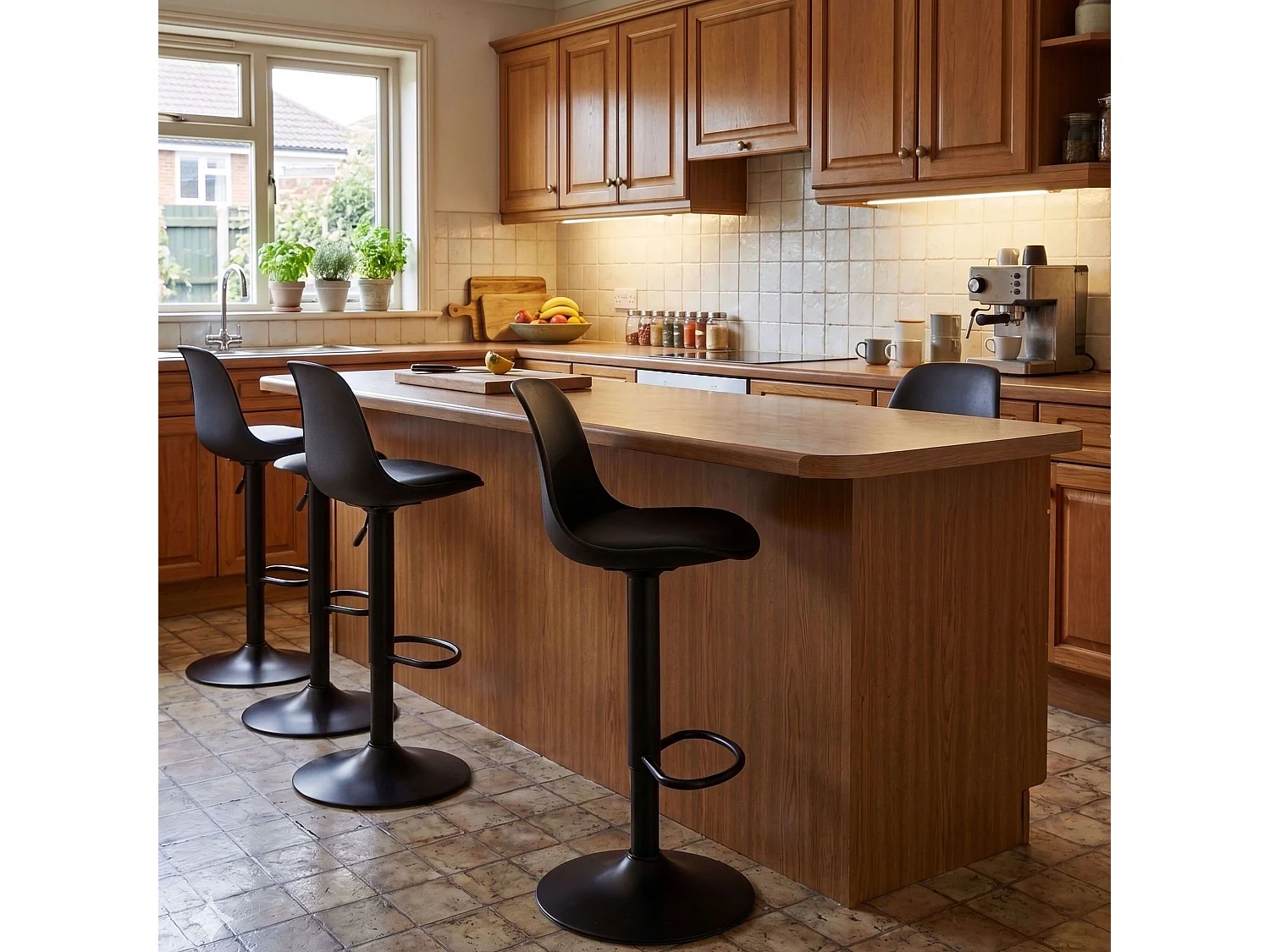 Pack 4 Taburetes Cocina, Altura Regulable, Asiento Acolchado, Negro