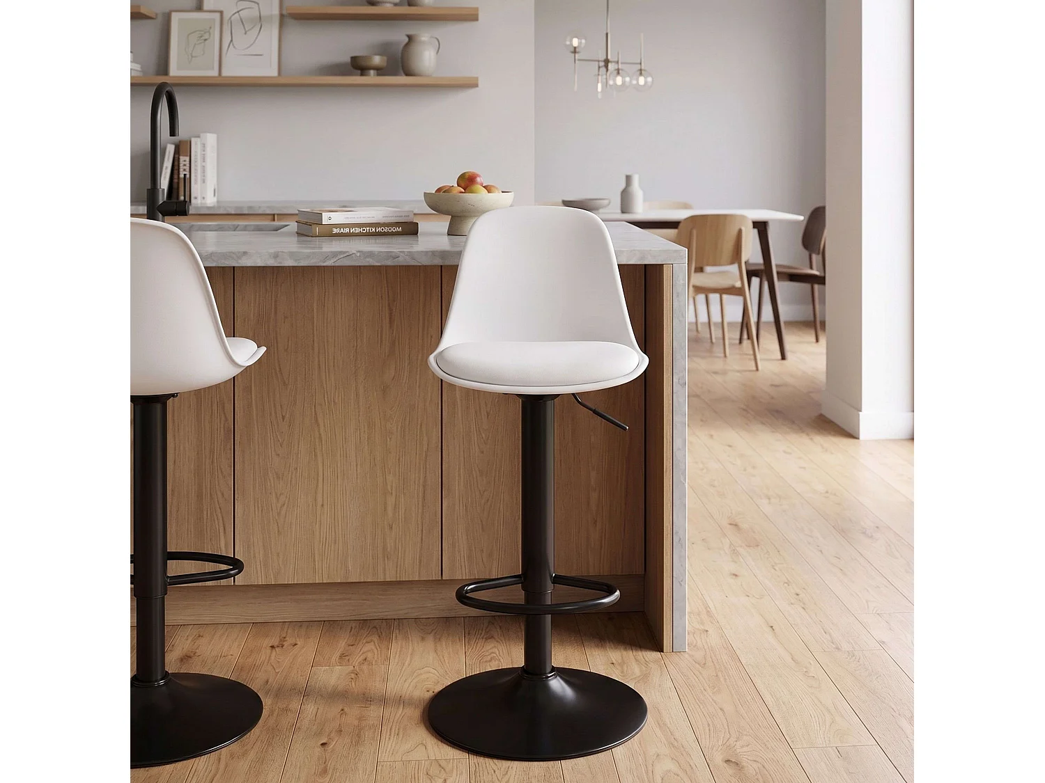 Pack 4 Taburetes de Cocina, Altura Regulable, 360º, Blanco Mate