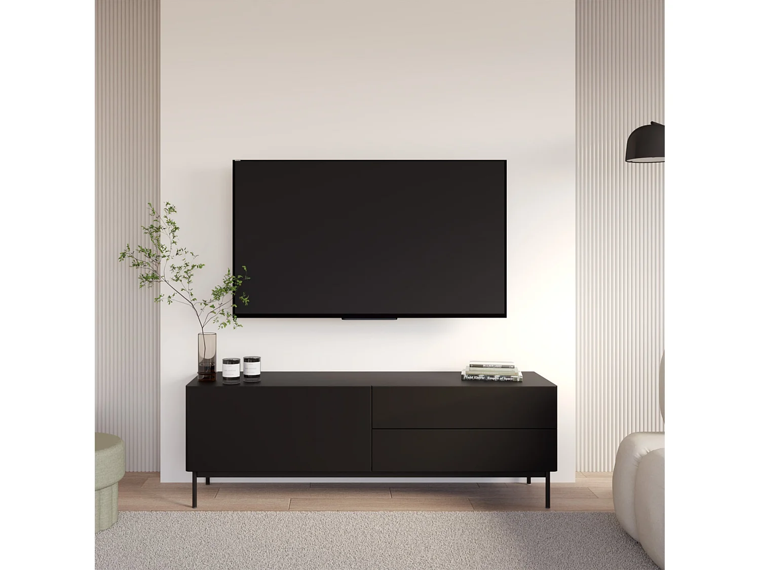 TV-Lowboard mit 1 Klappe und 2 Schubladen - Schwarz - 160 cm - Olio