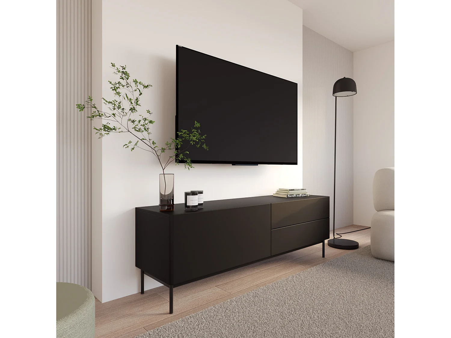 TV-Lowboard mit 1 Klappe und 2 Schubladen - Schwarz - 160 cm - Olio