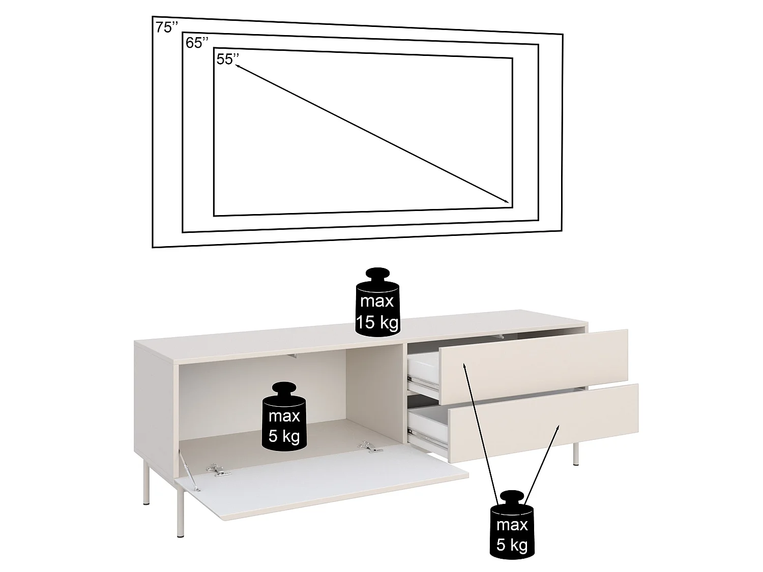 TV-Lowboard mit 1 Klappe und 2 Schubladen - Schwarz - 160 cm - Olio