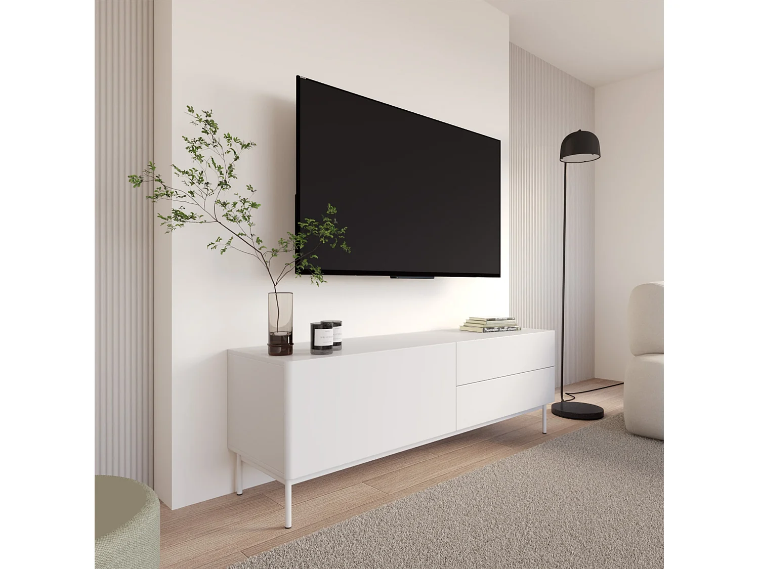 TV-Lowboard mit 1 Klappe und 2 Schubladen - Weiß - 160 cm - Olio