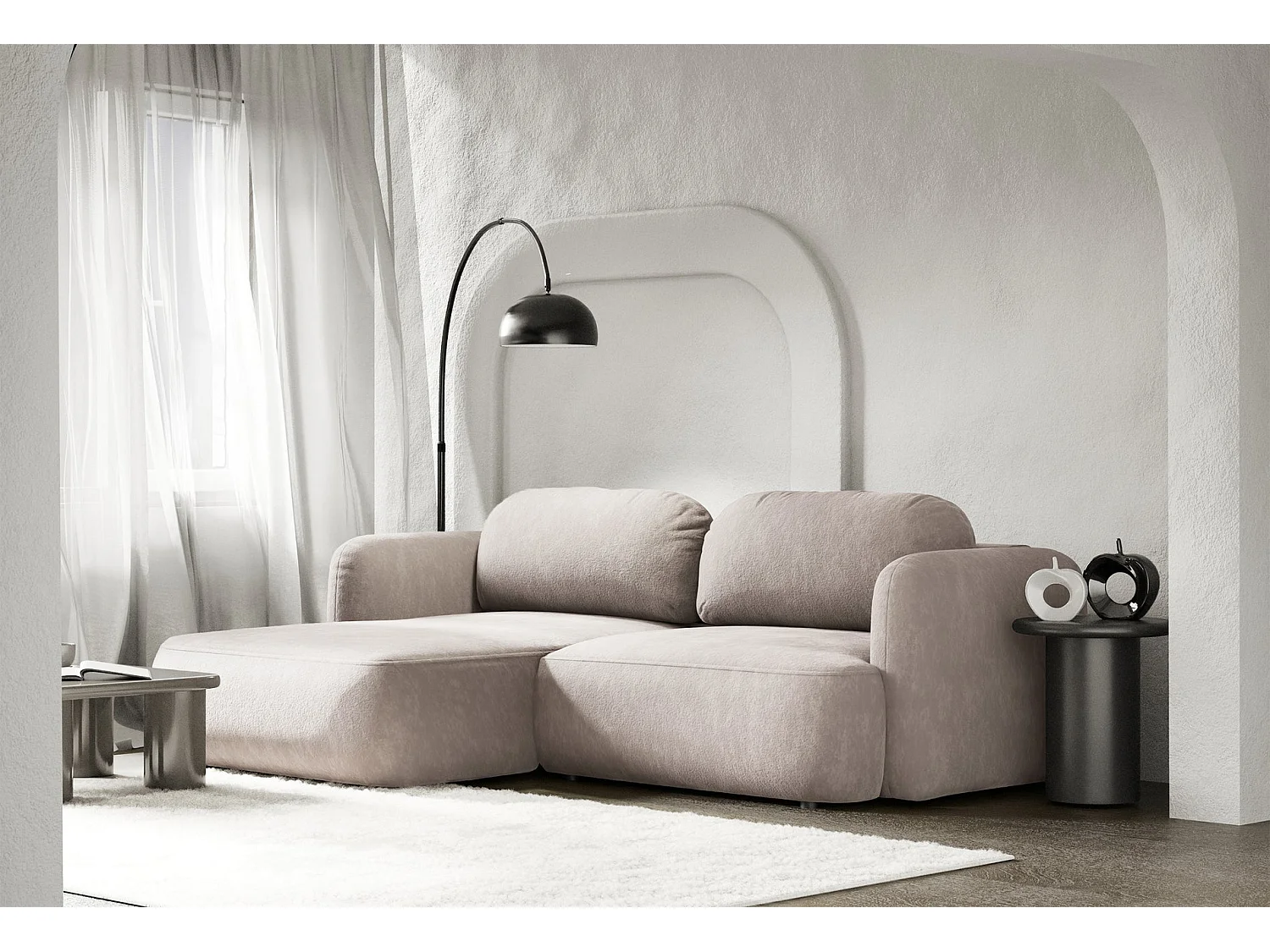 Canapé d'angle convertible – Angle à gauche – chenille beige clair – TVOYA