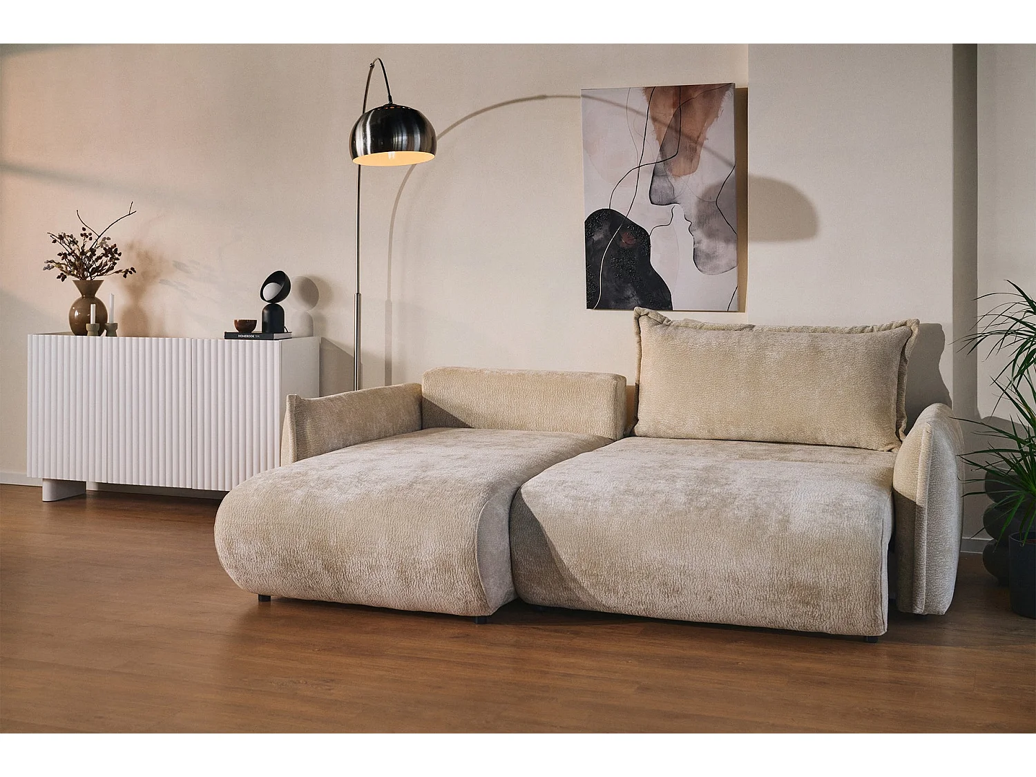 Ecksofa mit Schlaffunktion – Ottomane links – Beige-Chenille – CUSHI