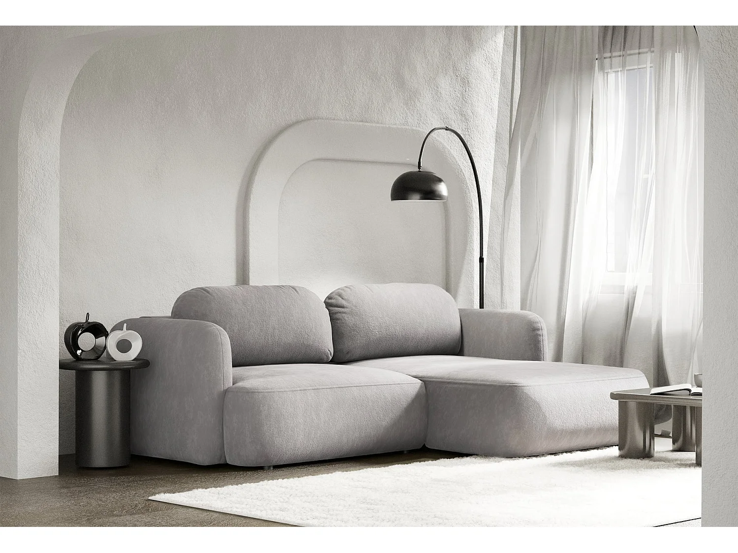 Canapé d'angle convertible – Angle à droite – chenille gris clair – TVOYA