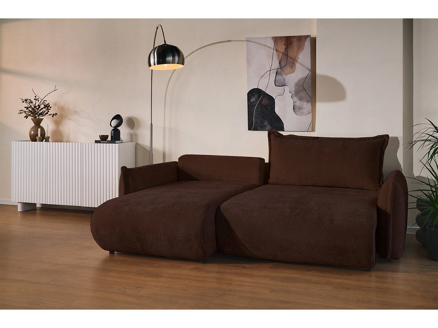 Ecksofa mit Schlaffunktion – Ottomane links – Braun-Chenille – CUSHI