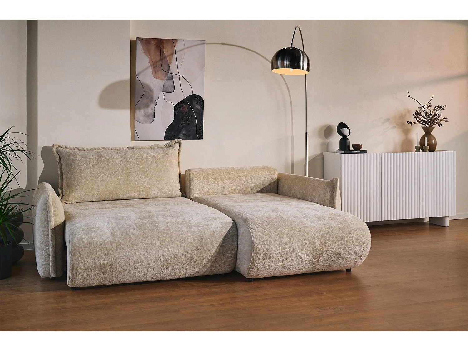 Canapé d'angle convertible – Angle à droite – chenille beige – CUSHI