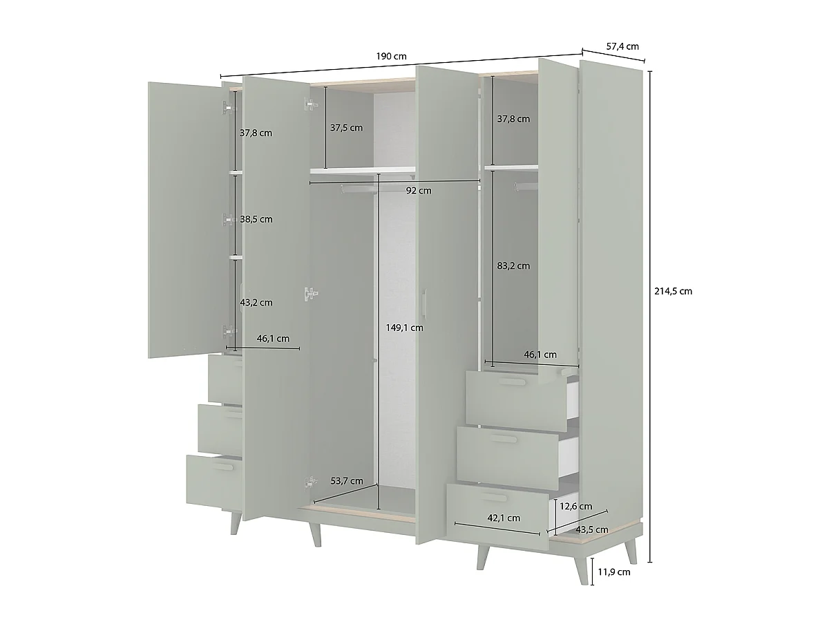 Armoire 4 portes 6 tiroirs Sandy Vert