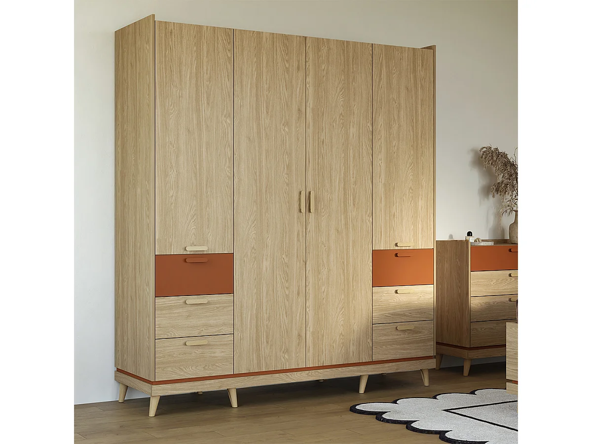 Armoire 4 portes 6 tiroirs Sandy Bois