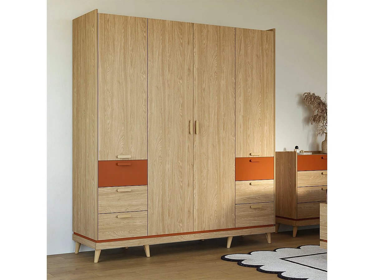 Armoire 4 portes 6 tiroirs Sandy Bois